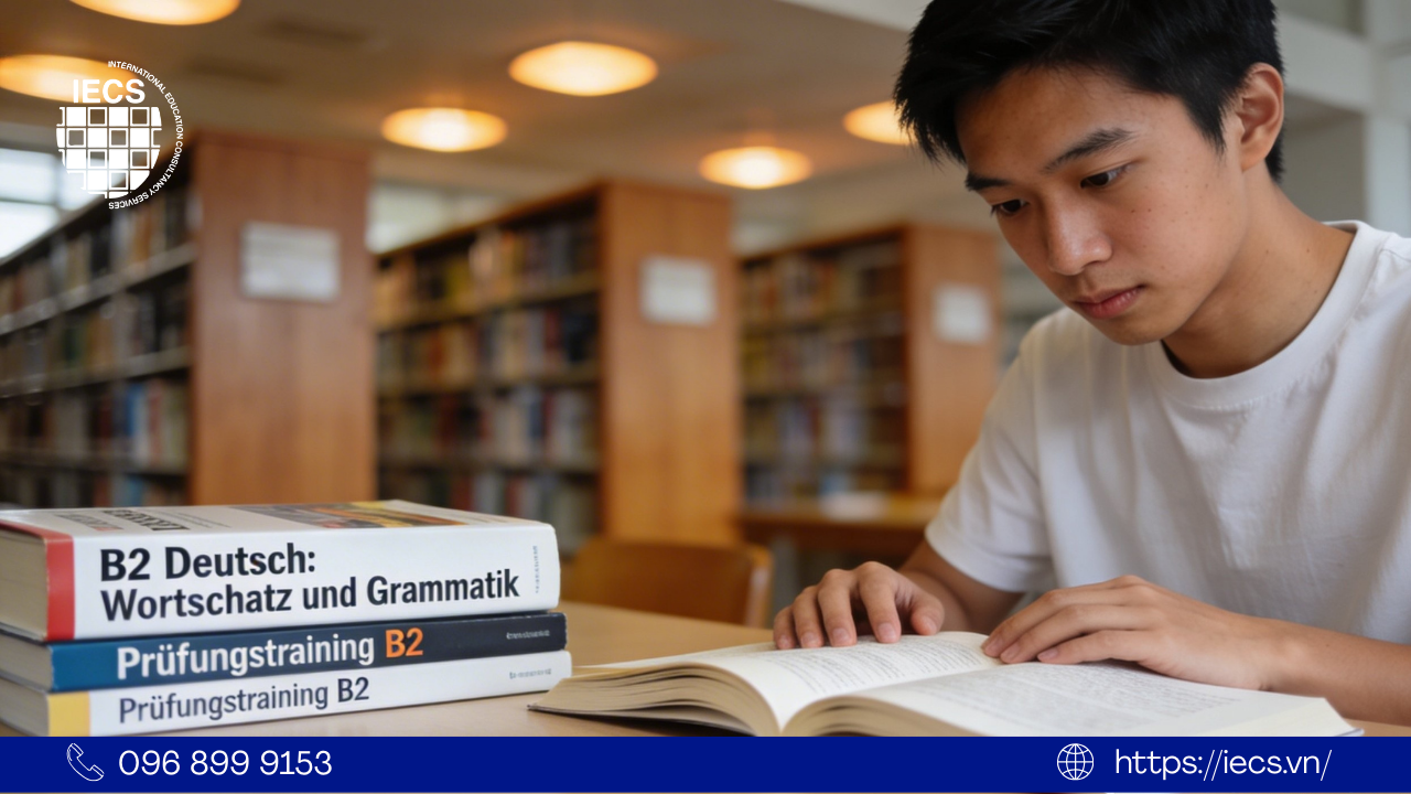 Học viên tập trung nghiên cứu tài liệu tiếng Đức B2 trong thư viện hiện đại